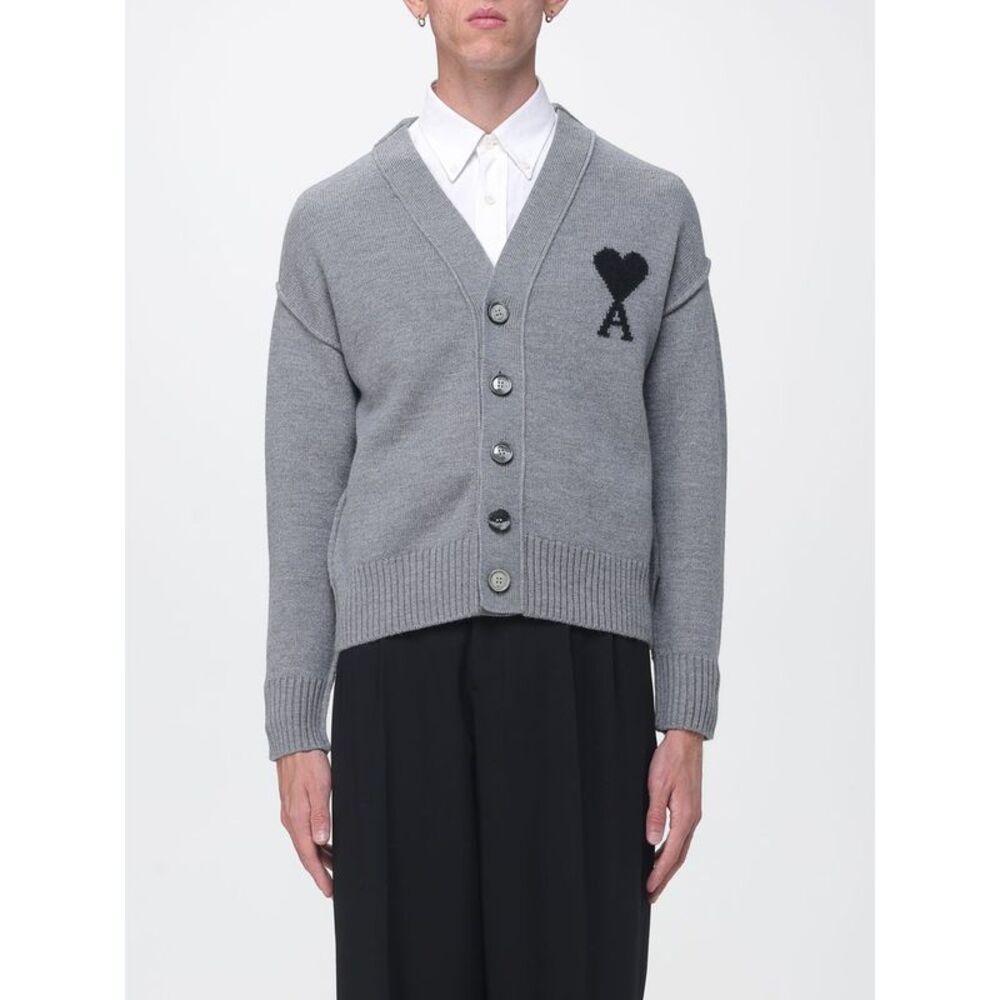 Ami Paris Men Ami Paris V-Neck Wool Cardigan With Contrast Logo